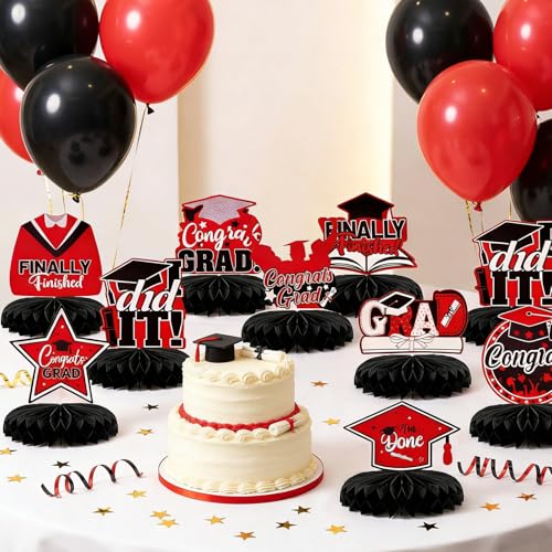 9pcs Graduation Honeycomb Centerpieces Red and Black Table Toppers