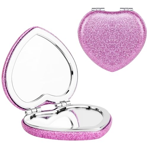 Biiange Heart-Shaped Compact Folding Travel Mirror, Bling Purple