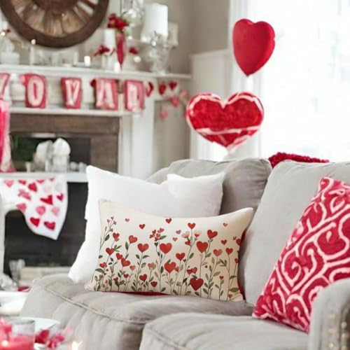 RABUSOFA Valentines Pillow Cover 12x20 Inch Waterproof Red Love Heart Floral Lumbar Throw Pillowcase for Indoor Outdoor Decor - Pack of 1
