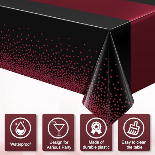 Black and Maroon Tablecloths - 3 Pack Disposable Party Covers 54x108"