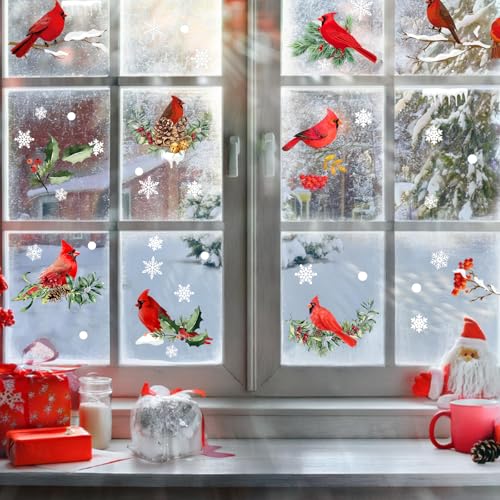 Winter Cardinal Window Clings 150 pcs Holiday Christmas Red Bird Glass Stickers with Branches & Snowflakes - Red