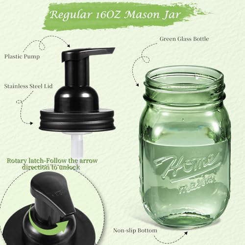 Amolliar 16oz Green Glass Mason Jar Foaming Soap Dispenser