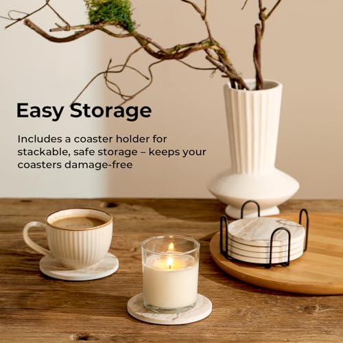 LIFVER Marble Ceramic Coasters Set of 4 with Holder - Absorbent & Stylish