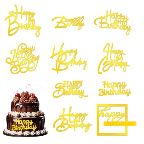 10 Gold Happy Birthday Cake Toppers - Stylish Acrylic Decor