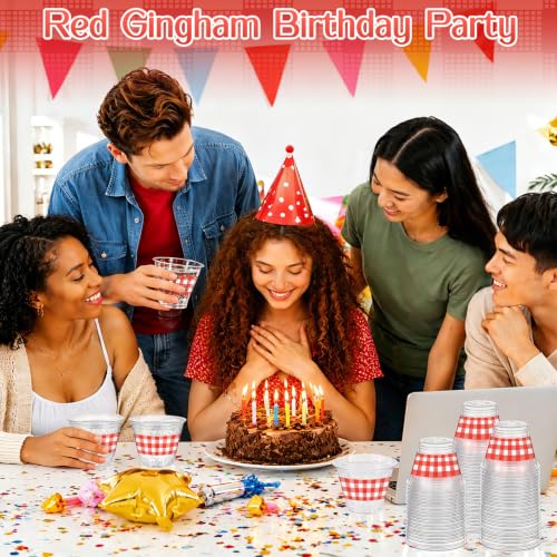 Red Gingham Plastic Cups Bulk 9 oz for Party Decorations - 100 Pack