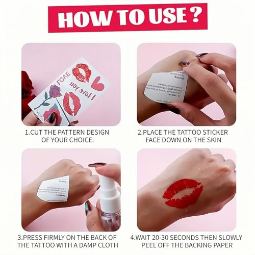 Valentines Day Temporary Tattoos - 10 Sheets Red Heart Lip Fake Tattoos