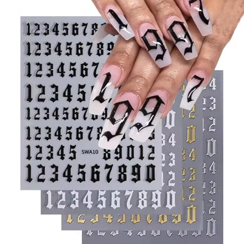 MOLILON 4 Sheets Retro Number Nail Stickers Self-Adhesive Decals
