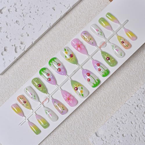 GUAACCB 24Pcs Floral Almond Press On Nails Cute Strawberry Fake Nails