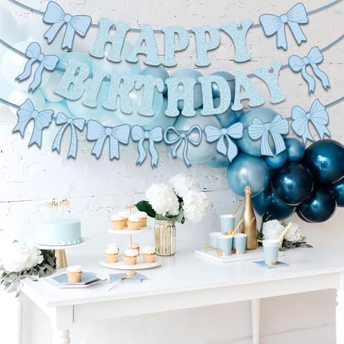 Blue Bow Happy Birthday Banner Set - Pre-Strung Glitter Garland