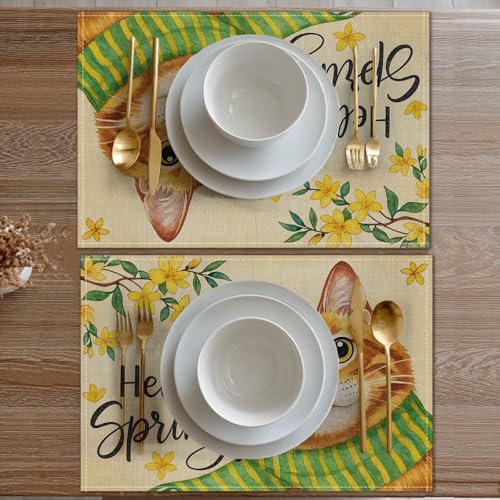 HOMETITUTE Spring Floral Cat Placemats Set of 4 12x18 Linen