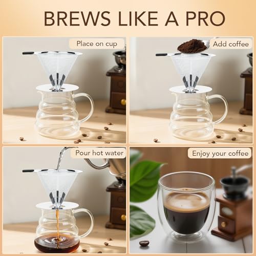 MEET GREAT Stainless Steel Pour Over Coffee Dripper - Reusable Filter