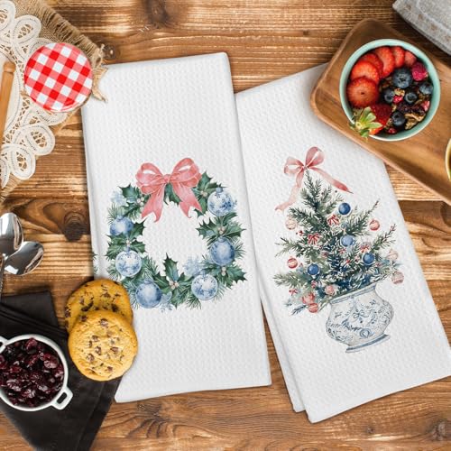 Christmas Wreath Coquette Chinoiserie Kitchen Towels Set of 2 - Pink, Blue & White, 16x24 Inches, Wreath Variation