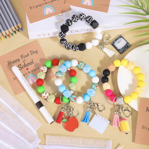 Back to School Bracelets with Keychains - 4 Pack Silicone Beaded Gift Set