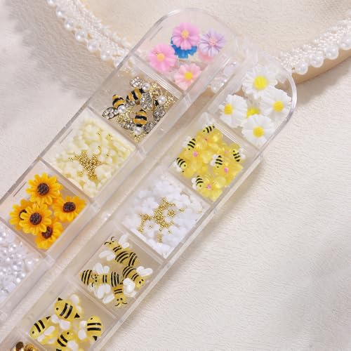 Quezadyl 12 Grids 3D Bee & Sunflower Nail Art Charms with Resin Rhinestones