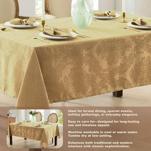 Newbridge Barcelona Damask Tablecloth 144x60 Inch Gold - No Iron, Soil Resistant