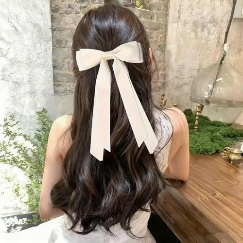 Satin Hair Bows for Women & Girls - Blue & Beige Hair Ribbon Clips (2PCS)