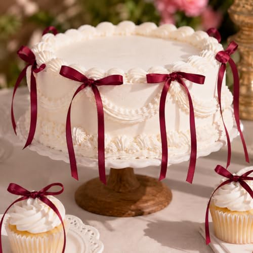 30 Pack Burgundy Satin Bow Cake Toppers - Pre-Tied for Easy Decoration