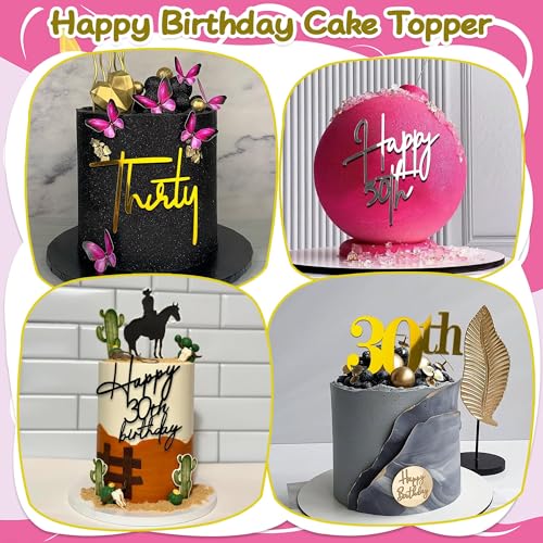 30th Birthday Cake Topper Set - 24 PCS, 8 Styles in Gold, Black & Silver