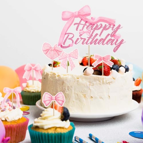 Pink Bow Happy Birthday Cake Topper Set - 25 Pcs Decorations