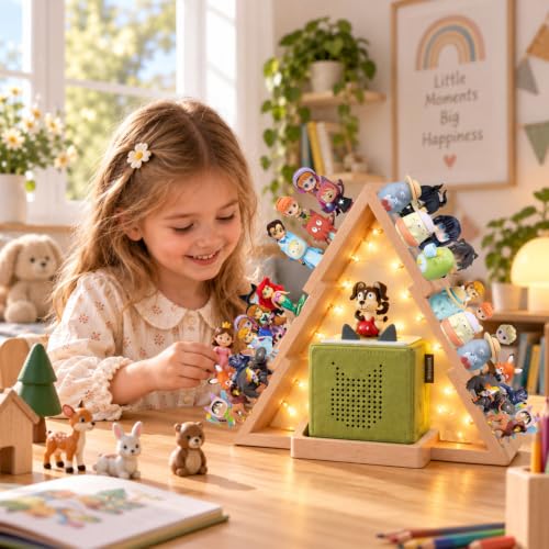 Christmas Tree Tonie Shelf - Wooden Storage for 36-48 Figures with LED Light - Wall-Mountable or Desktop Display