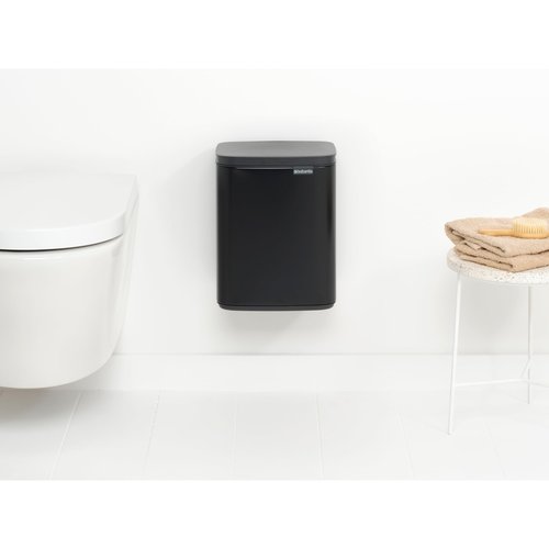 Brabantia Bo Small Lift-Open Trash Can | 1.8 Gal / 7L | Matt Black | Wall-Mountable/Free Standing Bedroom, Bathroom, Nursery Trash Can, Removable Inner Bucket, Non-Slip Base | +Trash Bags