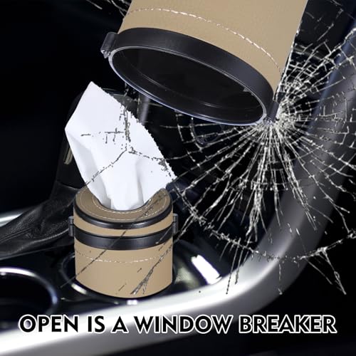 Car Tissue Holder - Premium PU Leather Cylinder Box with Window Breaker - Beige & Black