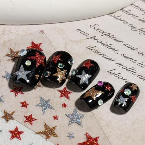 3D Glitter Star Nail Stickers - 6 Sheets Shiny Red Gold Silver Decals