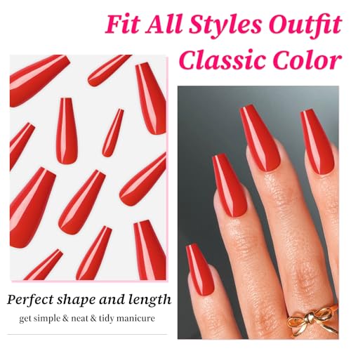 Lifextol Long Red Coffin Press On Nails Kit with Glue and Adhesive Tabs