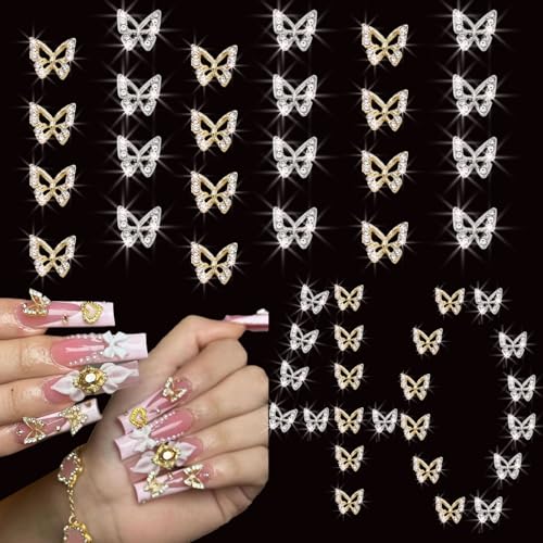 ZUMILLMN 40pcs 3D Butterfly Nail Charms Crystal Rhinestone Metal Alloy Decor
