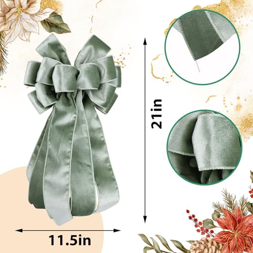 Sage Green Velvet Christmas Bow for Wreaths and Tree Decorations - 11.5x21 Inches