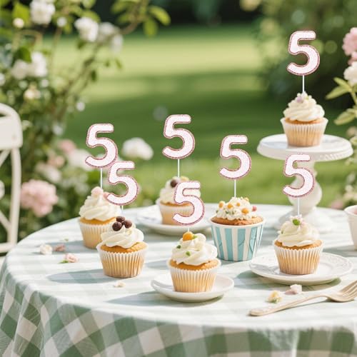 10 Pink Glitter Number 5 Cupcake Toppers for Birthday Parties