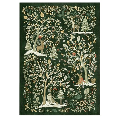 Green 5x7 Christmas Forest Rug with No-Slip Backing - Holiday Floor Mat for Dining & Living Rooms