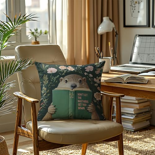 Groundhog Reading Motivational Throw Pillow Cover Set of 2 - 18x18 Flannel for Home & Office Decor