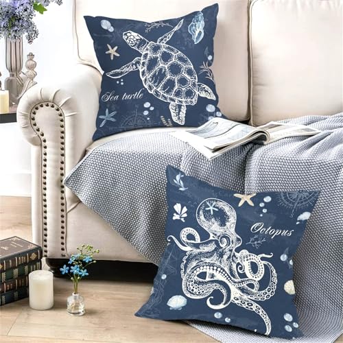 Sea Turtle Throw Pillow Covers Set of 4 - 18x18 Inch Ocean Decor