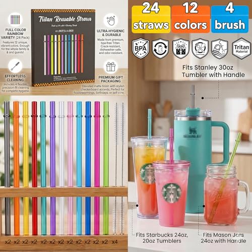 ALINK 10.5 Inch Reusable Straws - 24 Pack Tritan Straws with Brushes