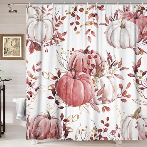 Uokiuki Fall Pumpkin Shower Curtain, Rustic Autumn Maple Leaves 70x70 Inch