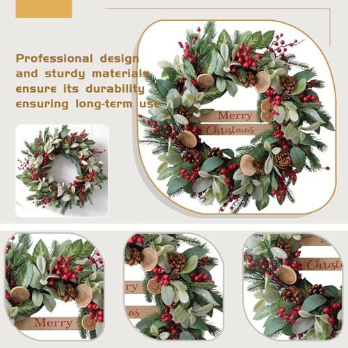 24 Inch Artificial Christmas Wreath with Pine Cones and Red Berries for Indoor Outdoor Decor