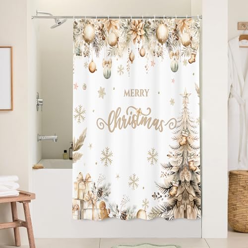 White and Gold Merry Christmas Shower Curtain 72x72 Inch with Hooks