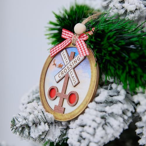 Santa Claus Crossing Sign Ornament - 4 Inch Wooden Holiday Decoration