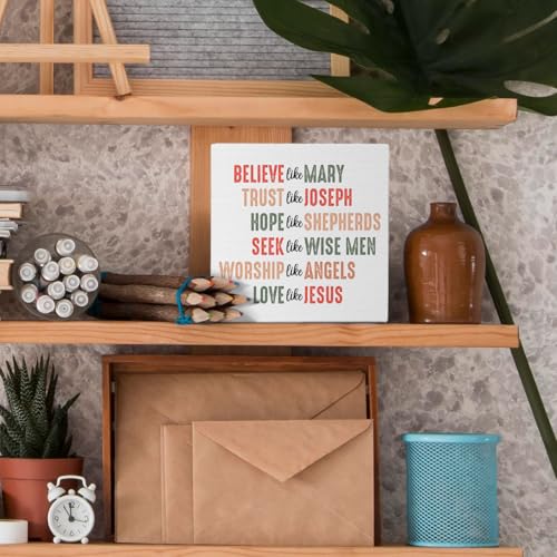 Christmas Wooden Sign - Believe Like Mary Inspirational Rustic Decor, 5x5 Inches - Holiday Home & Office Decor