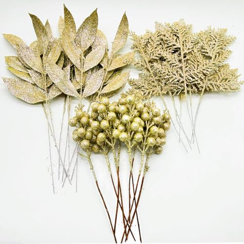 24pcs Gold Glitter Artificial Cedar Stems for Christmas Decor