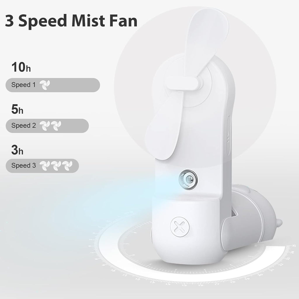 Skiennix Portable Misting Fan - Mini Handheld Fan with Rechargeable Battery & 3 Speeds | Travel-Friendly White