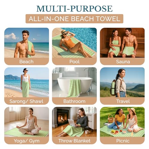 Casa Platino Oversized Beach Towel - Sand Free Turkish-Style, Jade Lime (1-Pack)