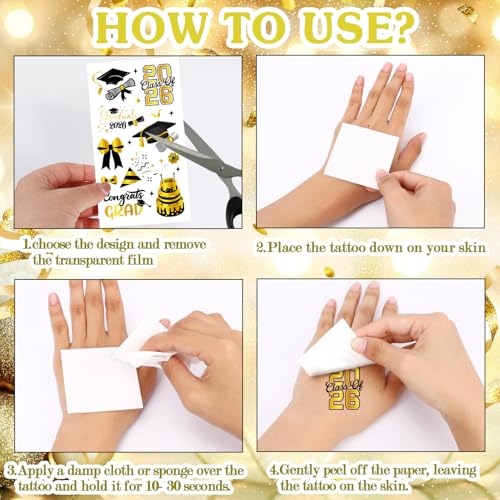 Konsait Class of 2026 Graduation Temporary Tattoos - 10 Sheets Black & Gold Party Favors