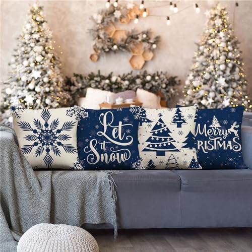 KISVODS Blue Christmas Pillow Covers 18x18, Set of 4 Winter Throw Cushions
