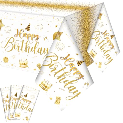 White Gold 3-Piece Plastic Birthday Party Tablecloths - Large 54x108 Inches
