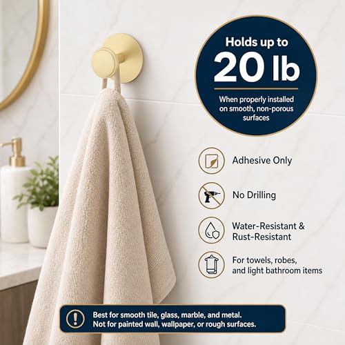 BVL Adhesive Towel Hooks, Brushed Gold Aluminum No-Drill Wall Hooks (4 Pack)