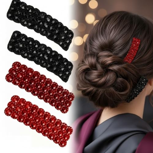 Black and Red Rhinestone Snap Hair Clips 4-Piece Crystal Barrettes