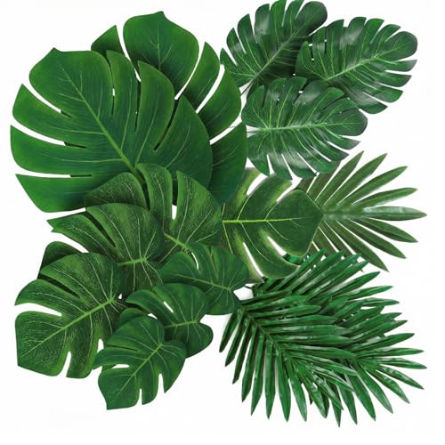 Artificial Tropical Palm Leaves Set - 50 Faux Monstera & Jungle Foliage for Decor