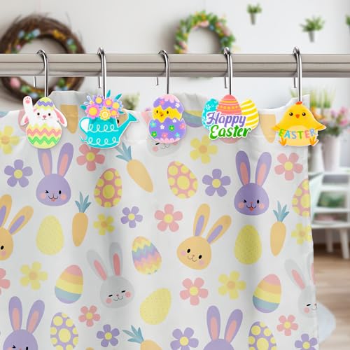 MALLMALL6 12Pcs Easter Shower Curtain Hooks - Bunny & Egg Designs